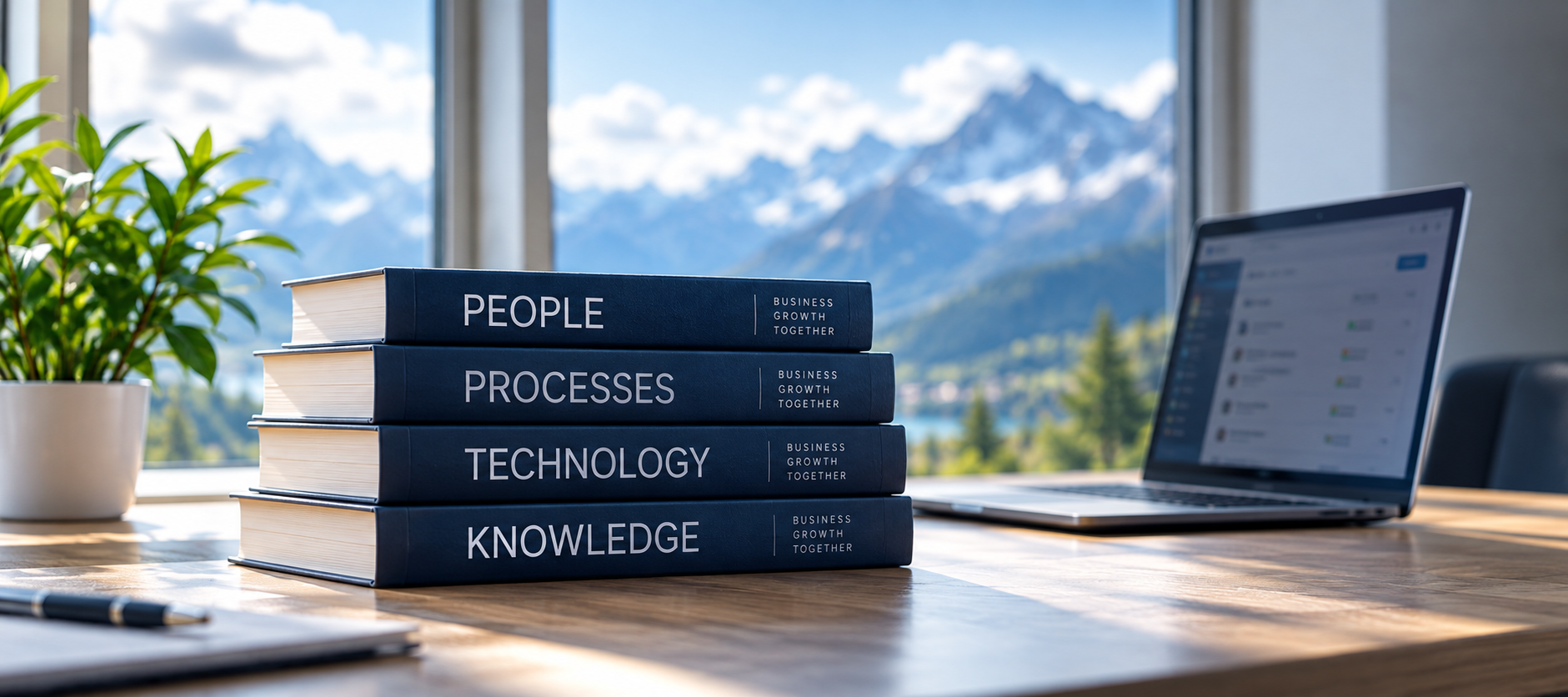 Bücher zu Menschen, Prozessen, Technologie und Wissen vor einer Berglandschaft.