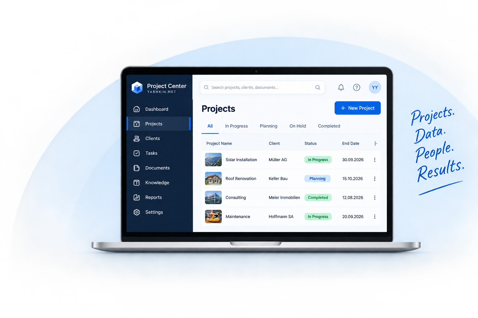 Project Center: Projektübersicht auf einem Laptop.